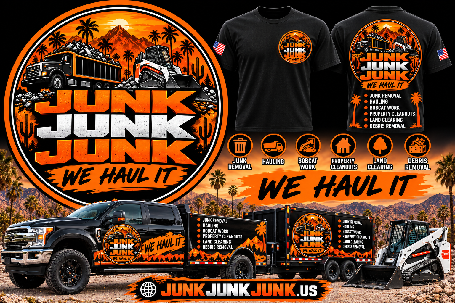 Junk Junk Junk orange and black hauling brand with truck and skid steer